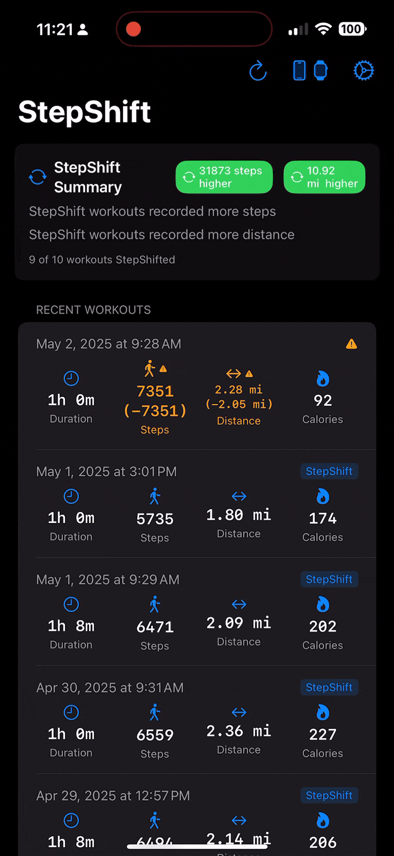 StepShift app showing correction of Apple Health step data